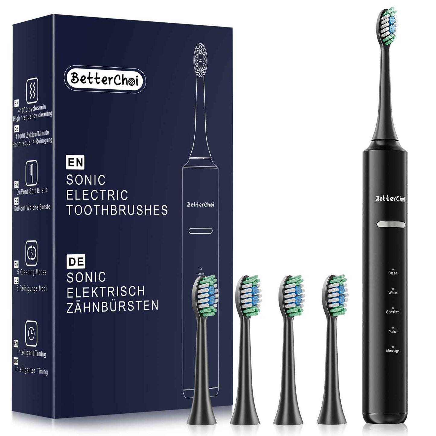 Betterchoi Sonic Electric Toothbrush for Adults, USB Rechargeable Toothbrush - 41,000 VPM Maglev Motor - 4 Brush Heads - IPX7 Waterproof, 180-Day Battery Life, 5 Cleaning Modes & Smart Timer, Black