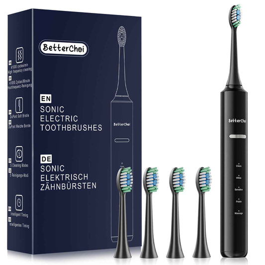 Betterchoi Sonic Electric Toothbrush for Adults, USB Rechargeable Toothbrush - 41,000 VPM Maglev Motor - 4 Brush Heads - IPX7 Waterproof, 180-Day Battery Life, 5 Cleaning Modes & Smart Timer, Black