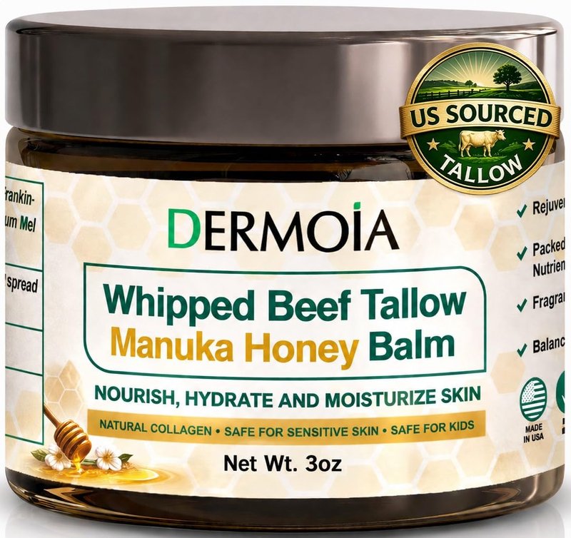 DERMOIA Grass Fed Whipped Beef Tallow for Skin with Manuka Honey - Silky Smooth, Fast Absorbing Tallow & Honey Balm - Ideal for Kids & Eczema Prone Area - Whipped Moisturizer for Dry & Sensitive Skin