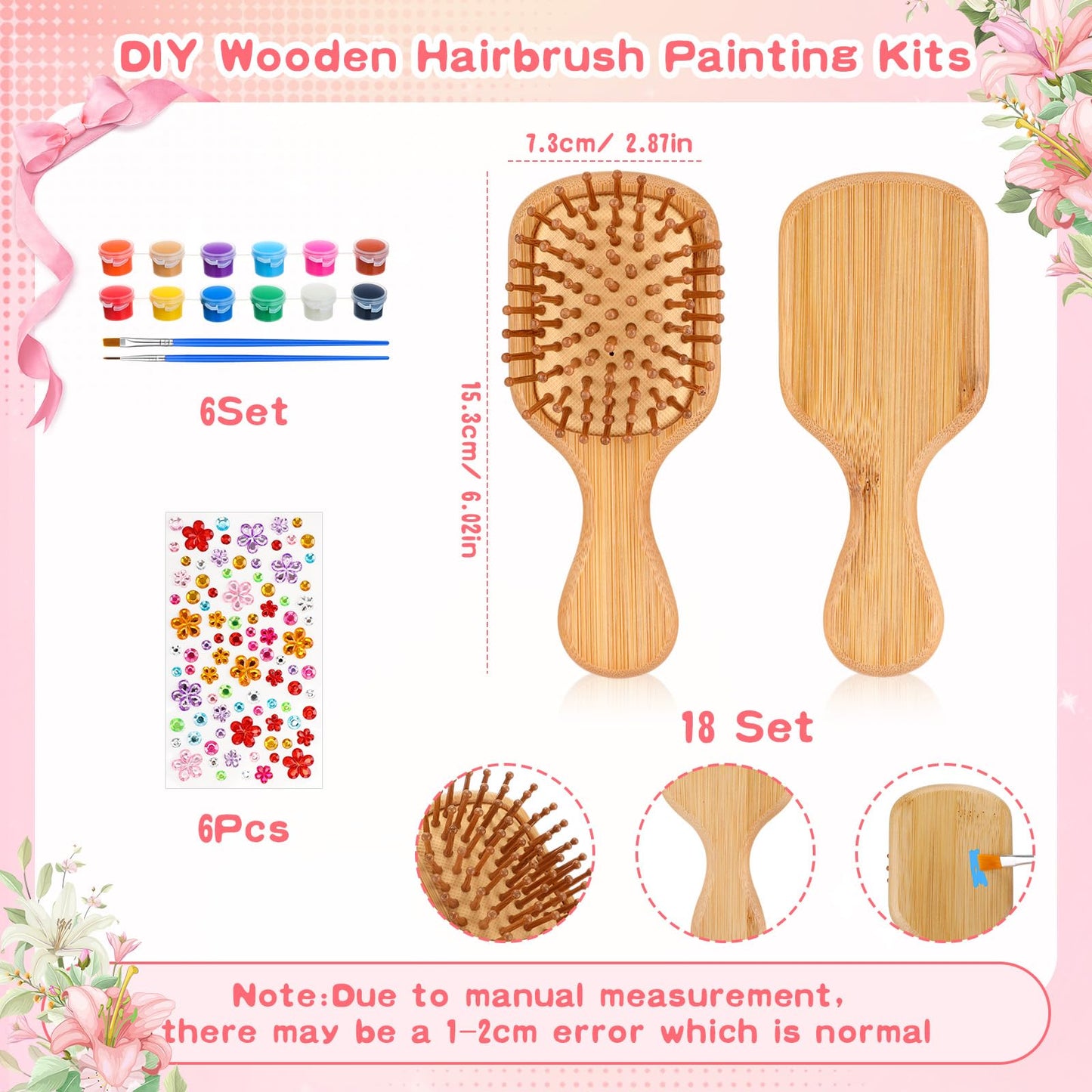 Weysat 18 Set DIY Wooden Hairbrush Painting Kits Paint Your Own Hair Brush with Paint Brush Sticker Mini Travel Detangling Hairbrush for Wedding Bridal Showers Girlfriends Night Gifts(Classic)