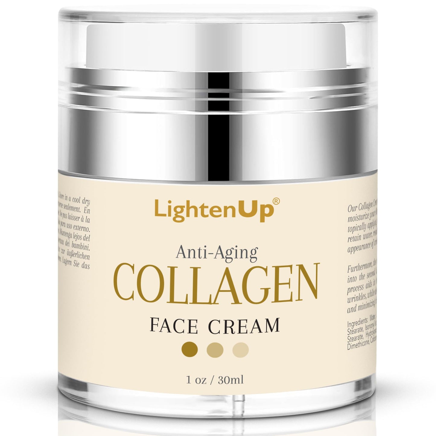 Lighten-Up Collagen Cream for Face - 1 fl oz / 30 ml - Antiaging, Fine Lines and Neck, Moisturizing and Hydrating Creams, Age Spots, with Hyaluronic Acid, for Women and Men