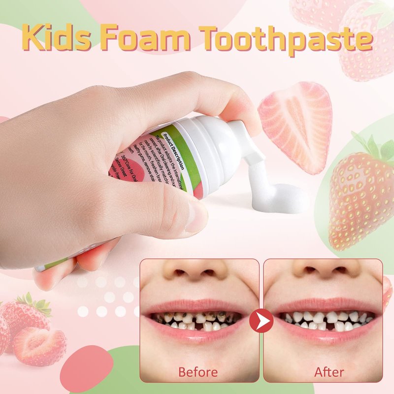 Foam Toothpaste Kids, Toddler Toothpaste with Low Fluoride, Kids Toothpaste for U Shaped & Electric Toothbrush, Foam Toothpaste for Children Ages 3 Plus (4PCS, Strawberry+Orange+Watermelon+Blueberry)