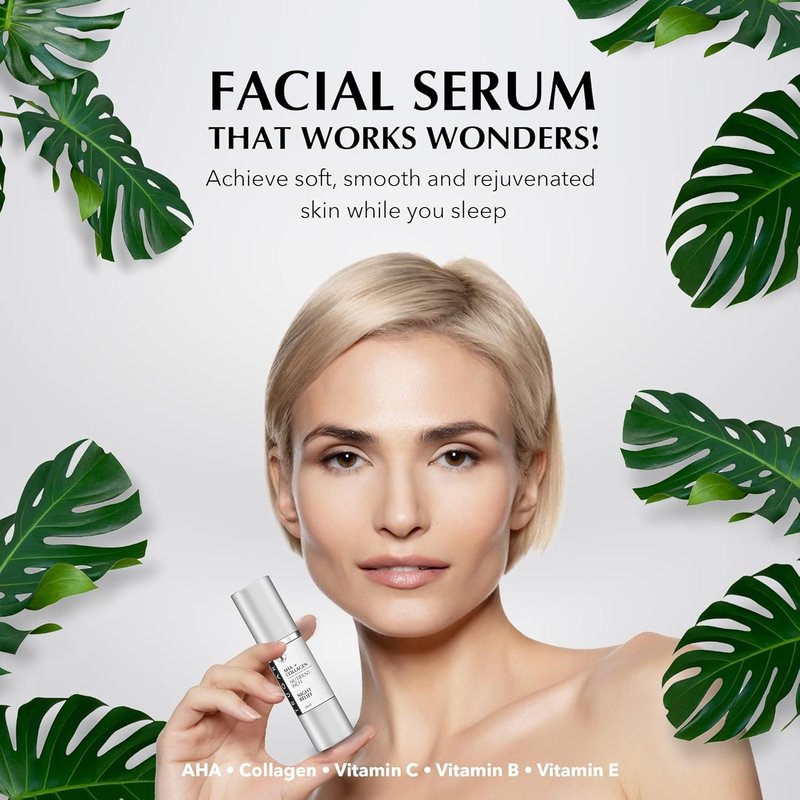 Facial Night Serum - AHA & Collagen Anti-Aging Formula with Vitamins C, B, E | Nutrient-Rich Skincare