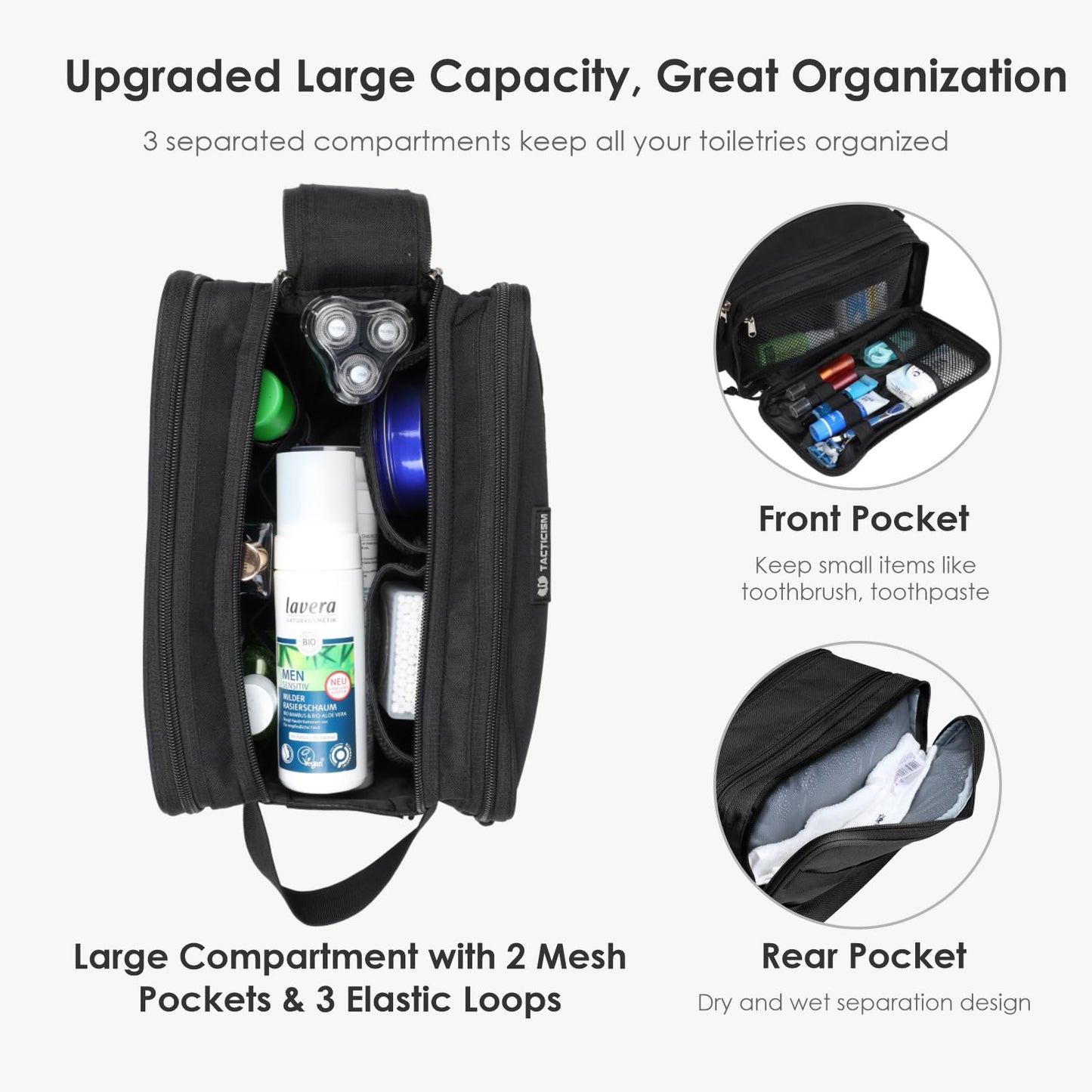 TACTICISM Large Black Toiletry Bag for Men and Small Brown Dopp Kit, Bundle Sales
