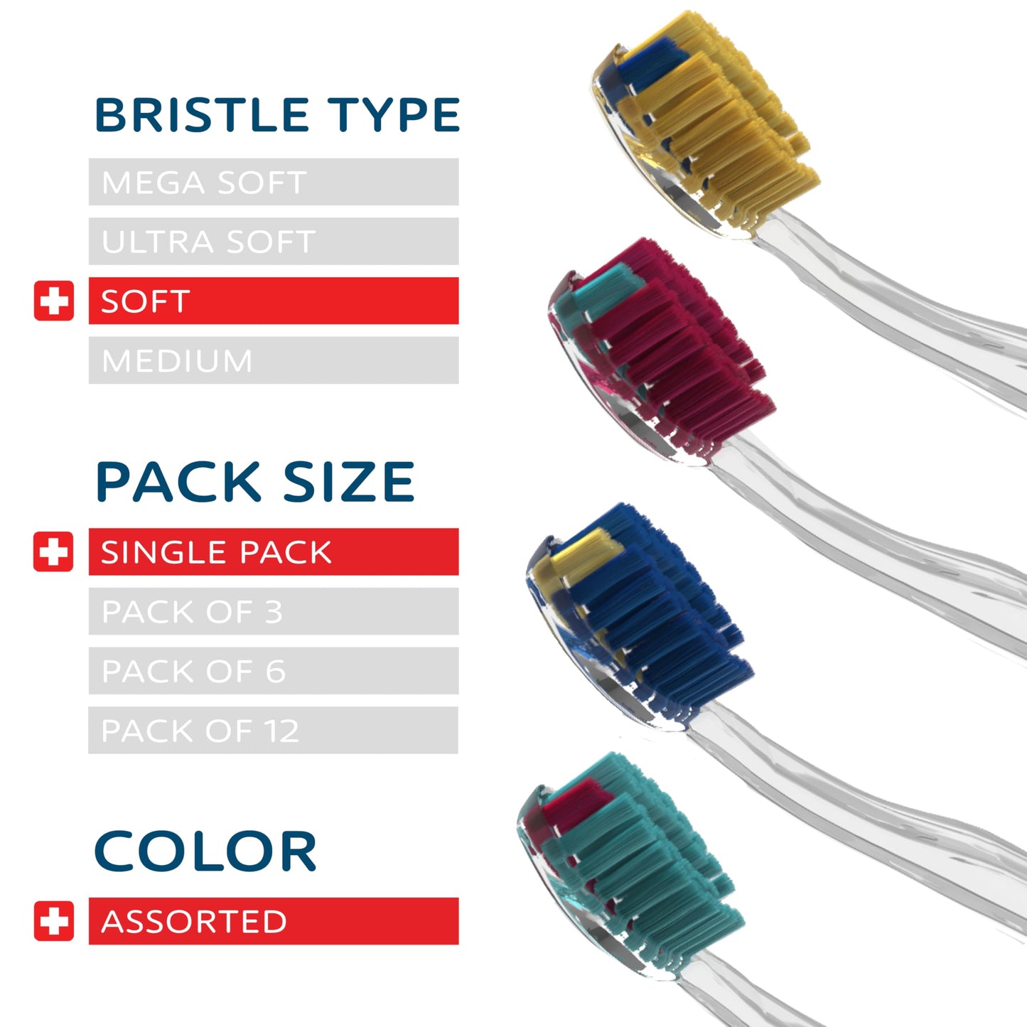 TELLO Adult Soft Ortho Toothbrush for Gentle Cleaning with Ergonomic Handle, Made in Switzerland, Colors Vary, 6-Pack