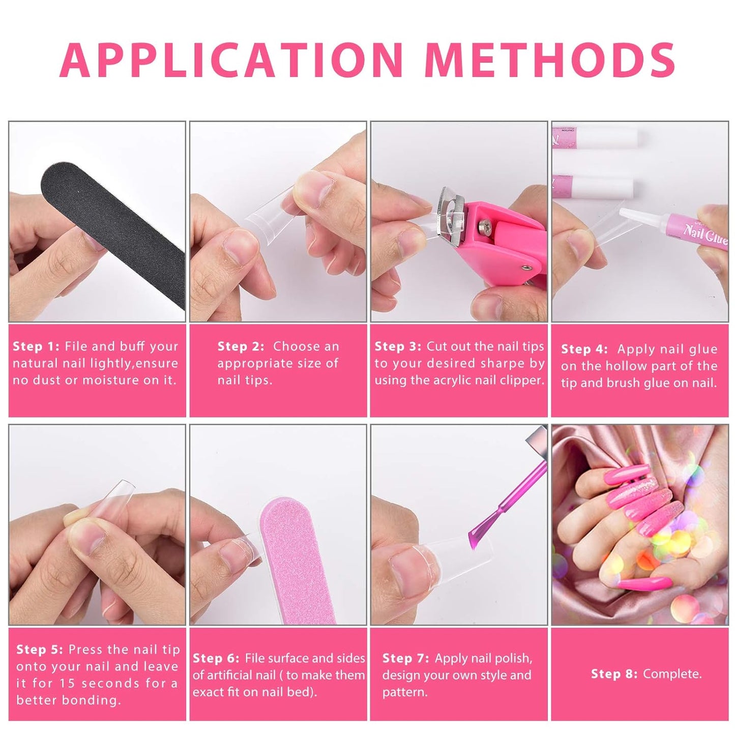Coffin Nail Tips Set - 500 Pcs Clear Acrylic Tips with Glue, Clipper, Files & Cuticle Pusher | Perfect for Salons & DIY