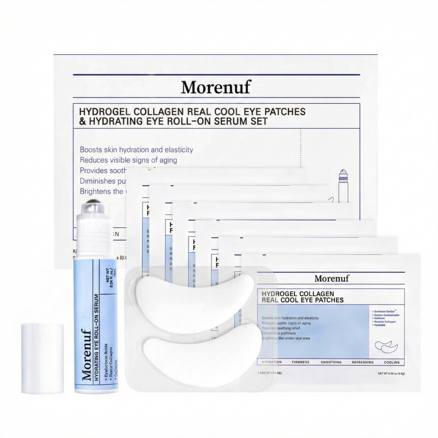 MORENUF Hydrogel Collagen Real Cool 6 Pairs of Eye Patches & Hydrating Roll-On Serum Set for Dark Circles and Puffiness - Hyaluronic Acid and Caffeine Eye Serum Korean