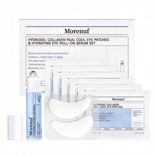 MORENUF Hydrogel Collagen Real Cool 6 Pairs of Eye Patches & Hydrating Roll-On Serum Set for Dark Circles and Puffiness - Hyaluronic Acid and Caffeine Eye Serum Korean