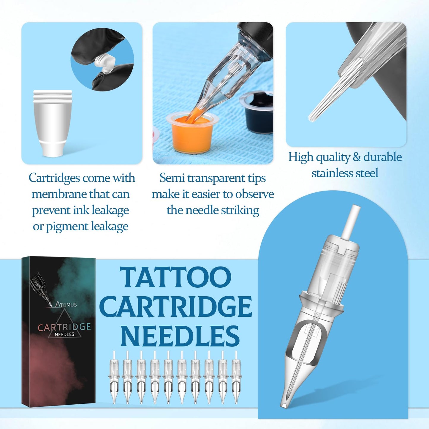 Rotary Tattoo Machine, ATOMUS Tattoo Pen Style Cartridge Machine Gun Liner Shader with DC Clip Cord 50pcs Mixed Cartridge Needles 10pcs of Each 1RL 3RL 5RL 7RL 9RL (Red)