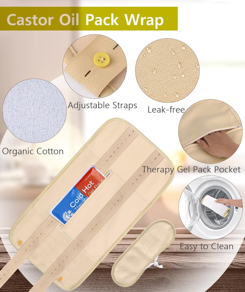 VRJEUGO Castor Oil Organic Cold Pressed Unrefined, Amber Glass Bottle with Castor Oil Pack Wrap and Cotton Flannel Cloth for Body, 8oz/237ml