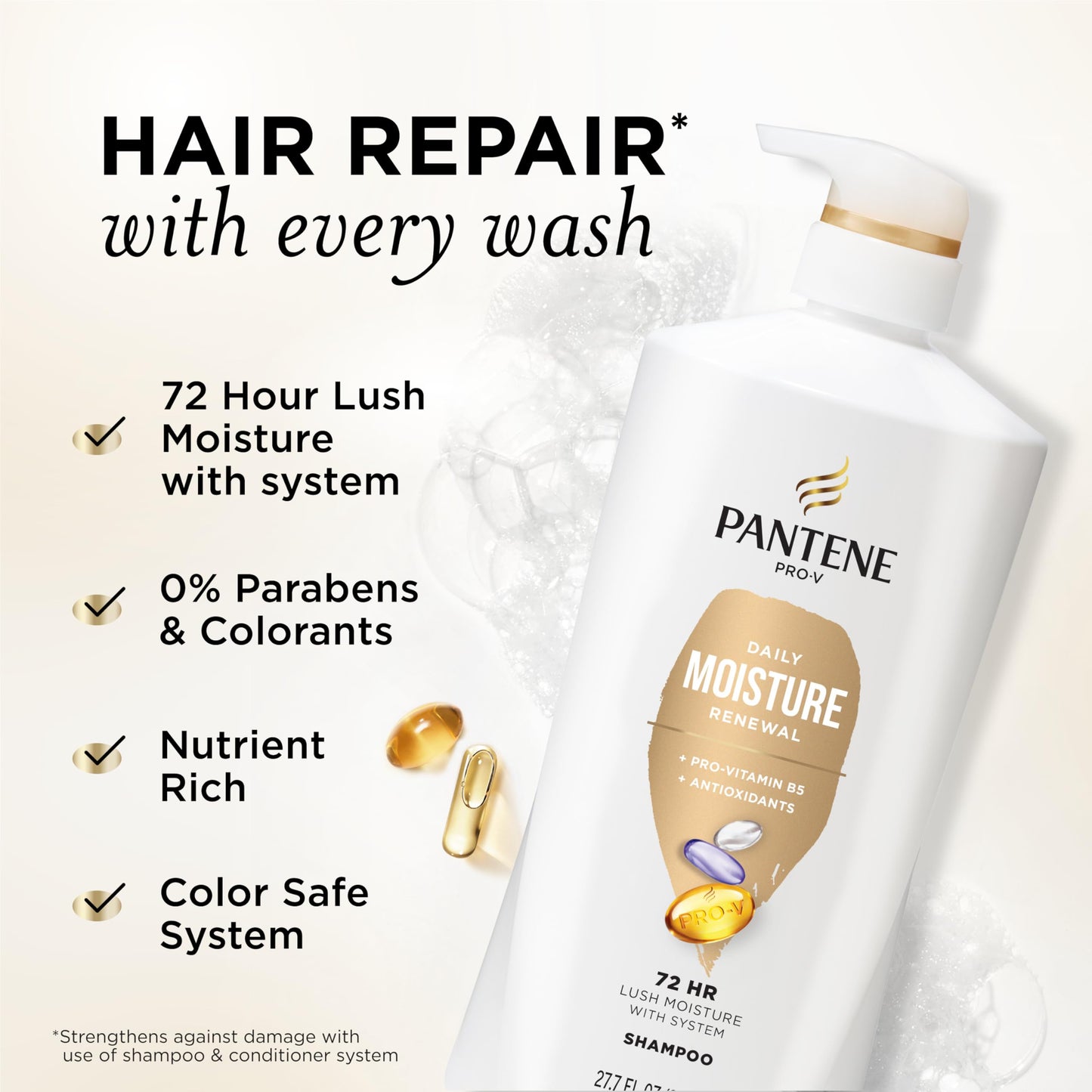 Pantene Shampoo, Daily Moisture Renewal - Pro-V Nutrients for Dry, Color-Treated, Straight to Curly Hair, 72-Hour Hydration & Softness, 27.7 Oz Each, 2-Pack + Miracle Rescue Shot (0.5 Oz)