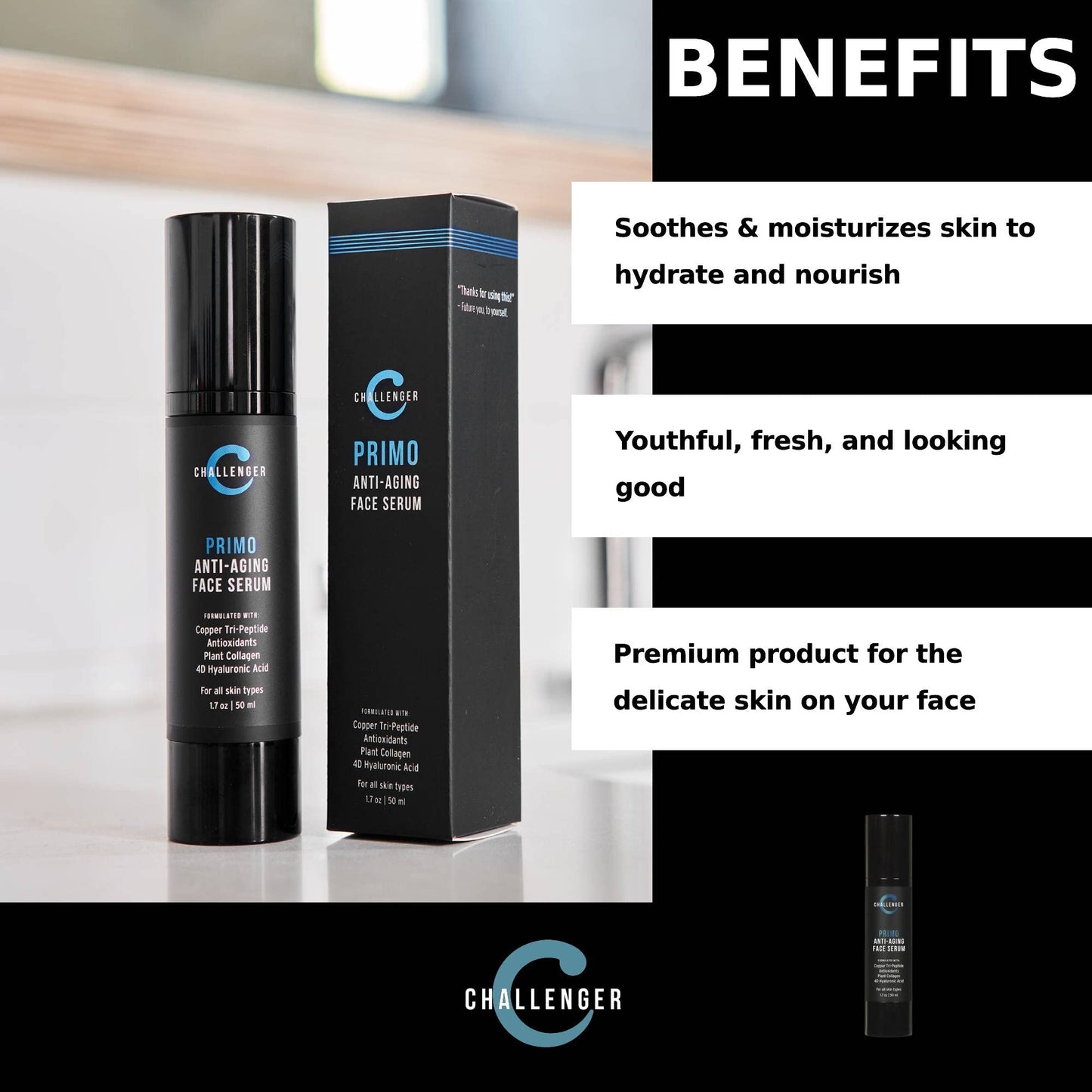 Challenger Primo Anti-Aging Face Serum Skin Care | Reduce Age Spots, Deep Wrinkles | Clean Dispensing Airless Pump | Premium Copper Tri-Peptide Formula w/ 4D Hyaluronic Acid | 1.7oz