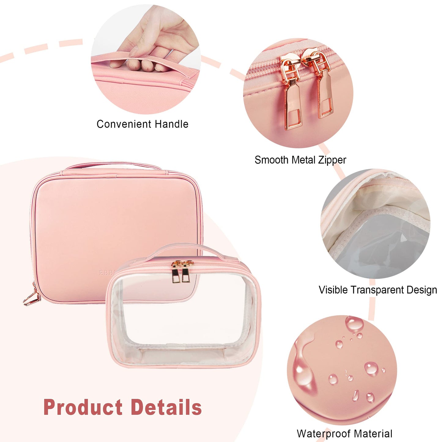 Ebbniur Makeup Bag, 2 PCS PU Leather Cosmetic Bags, Portable Travel Makeup Case, Large Makeup Organizer with Clear Makeup Bag for Women (Pink)