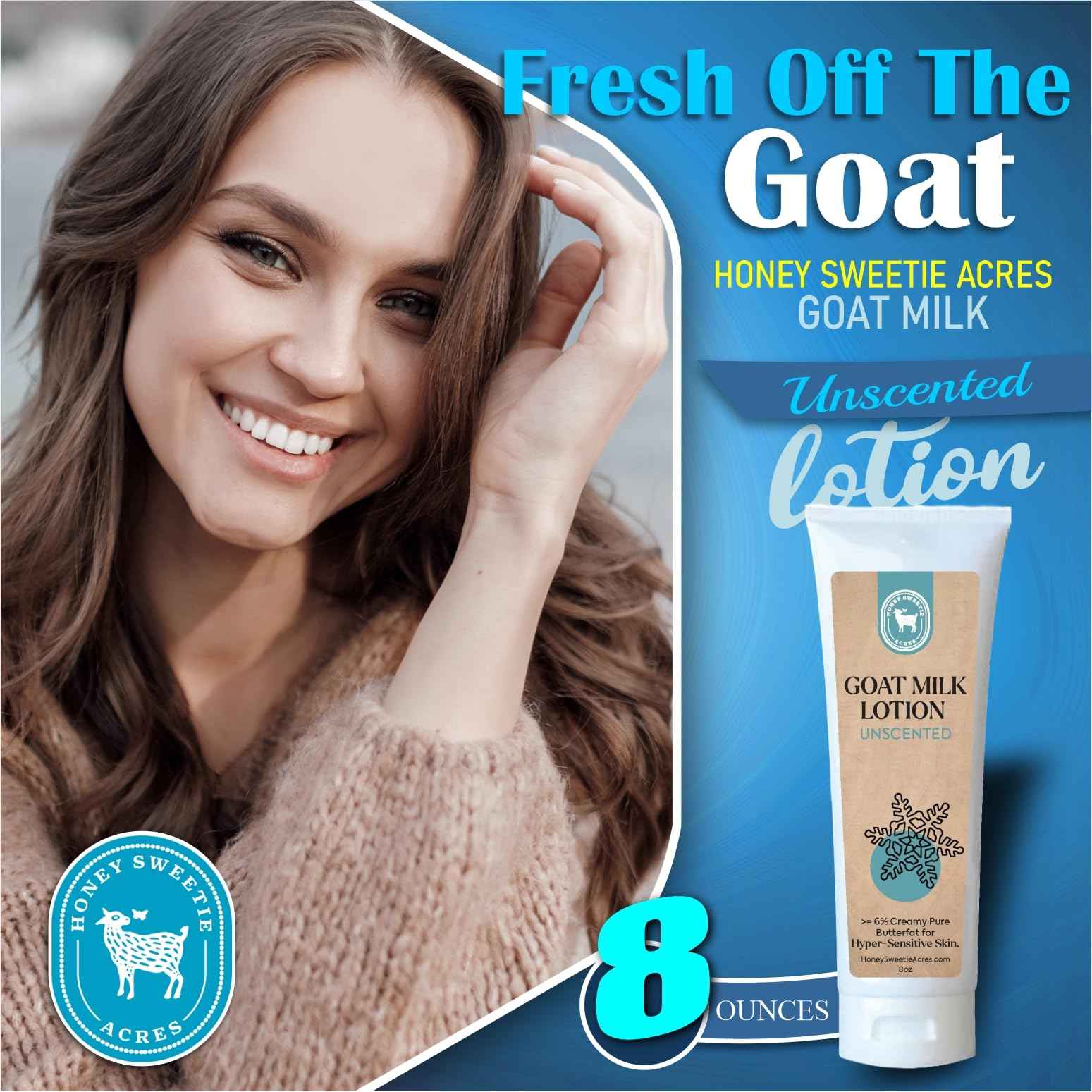 Honey Sweetie Acres Fresh Off The Goat All-Natural Goat Milk 8 oz Unscented Body Lotion is a cruelty-free, handmade lotion that hydrates and moisturizes - Made in the USA