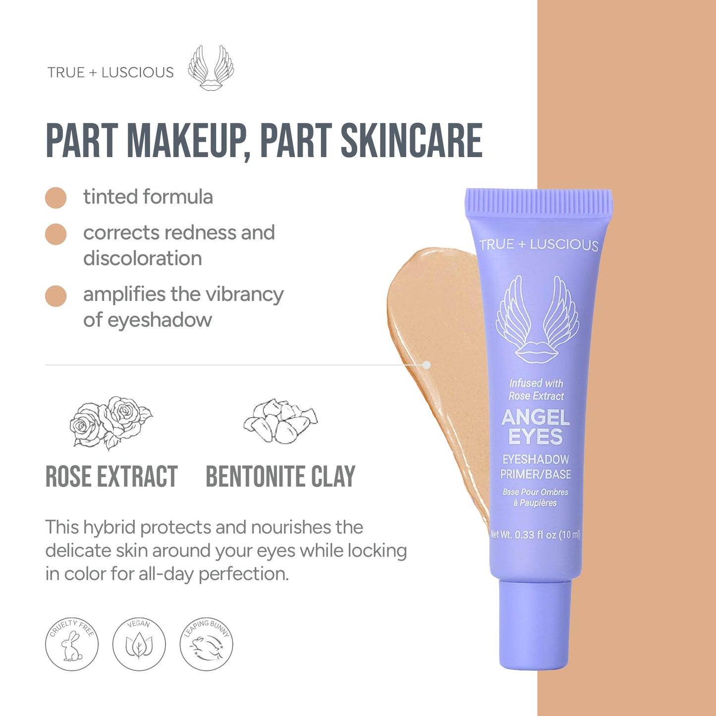 True + Luscious Angel Eyes Eyeshadow Primer | Hydrating Eye Primer Locks Makeup Up to 16 Hours | Vegan Paraben-Free Cruelty-Free | Rose Extracts Bentonite Clay Oily Lids Shade 0.33 oz | Dark