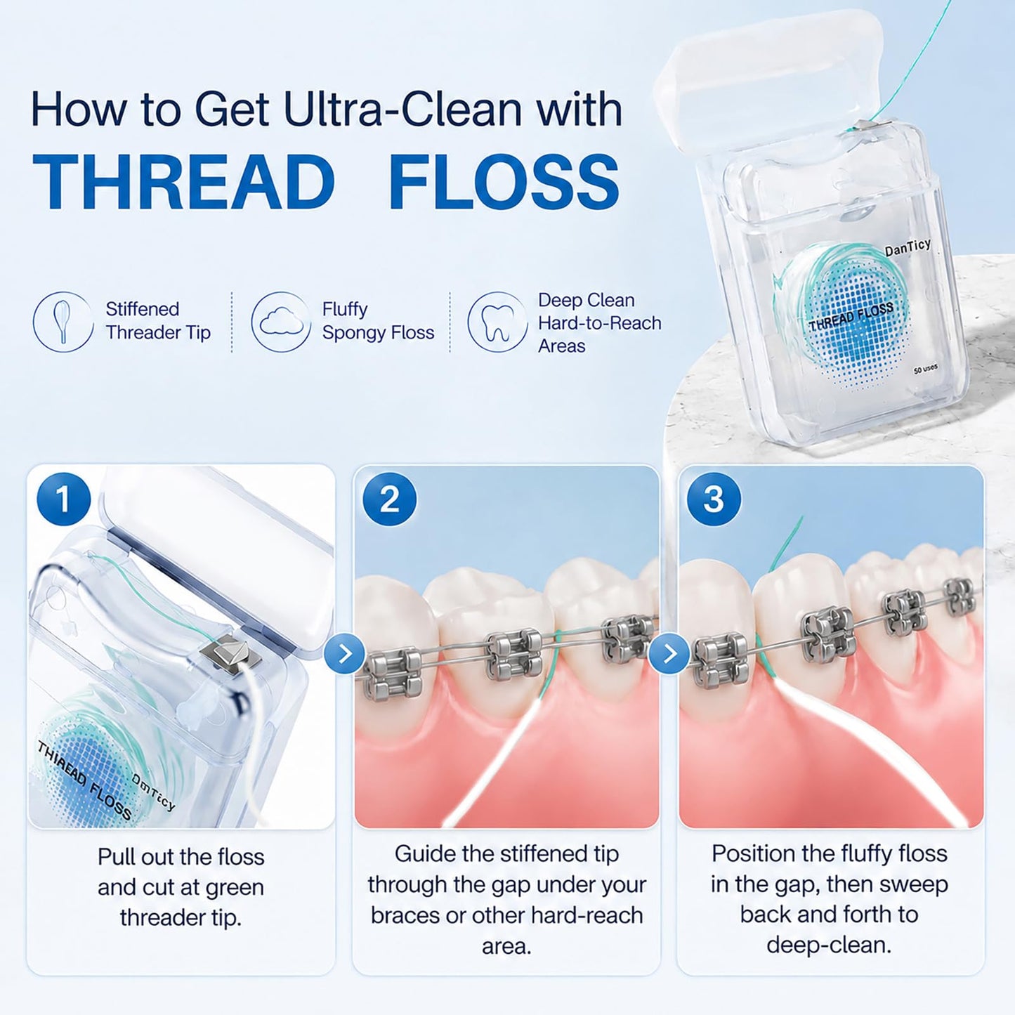 2-in-1 Threader Floss for Braces & Bridges, 100 Pre-Measured Expanding Strands, Stiffened Tip & Fluffy Tail Dental Floss for Deep Cleaning