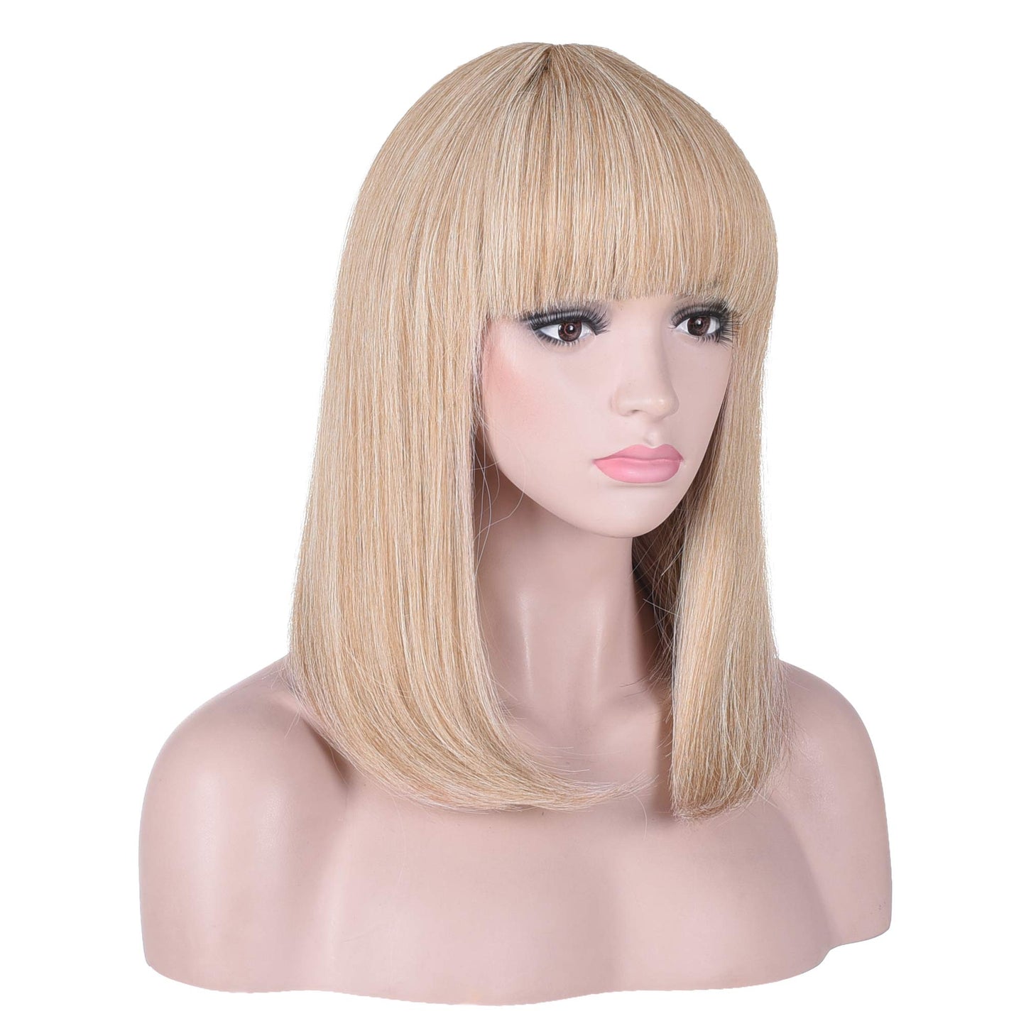 AMZCOS 15 Inch Short Straight Blonde Highlights Bob Wig with Bangs | Natural Heat Resistant Synthetic Hair Wigs for Women