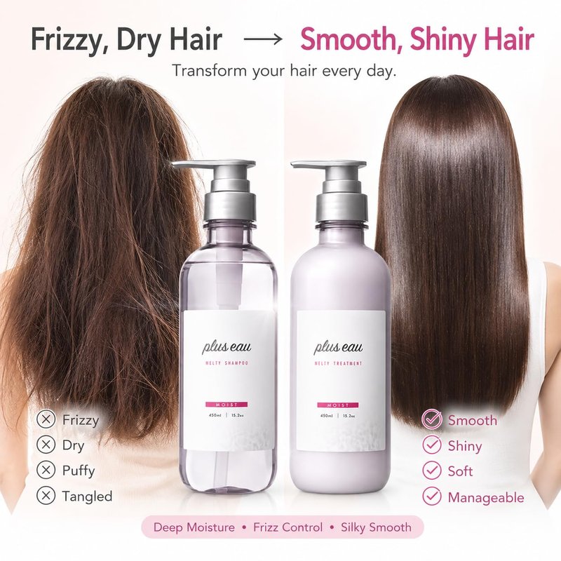 Plus eau Melty Shampoo & Conditioner Set, Silk-Infused Moisture Repair for Dry or Damaged Hair, 15.2 oz (450ml) Each, 2-Pack, Made in Japan