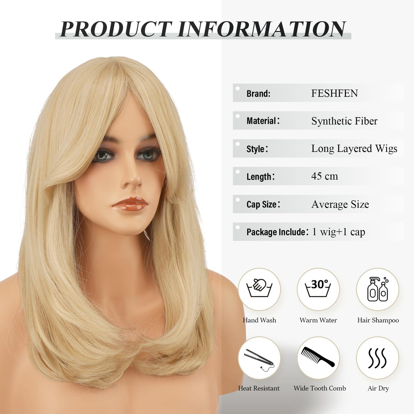 FESHFEN Blonde Wigs with Bangs - Long Layered Straight Light Blonde Natural Looking Synthetic Hair Wig for Women Daily Party Use, 18 inch