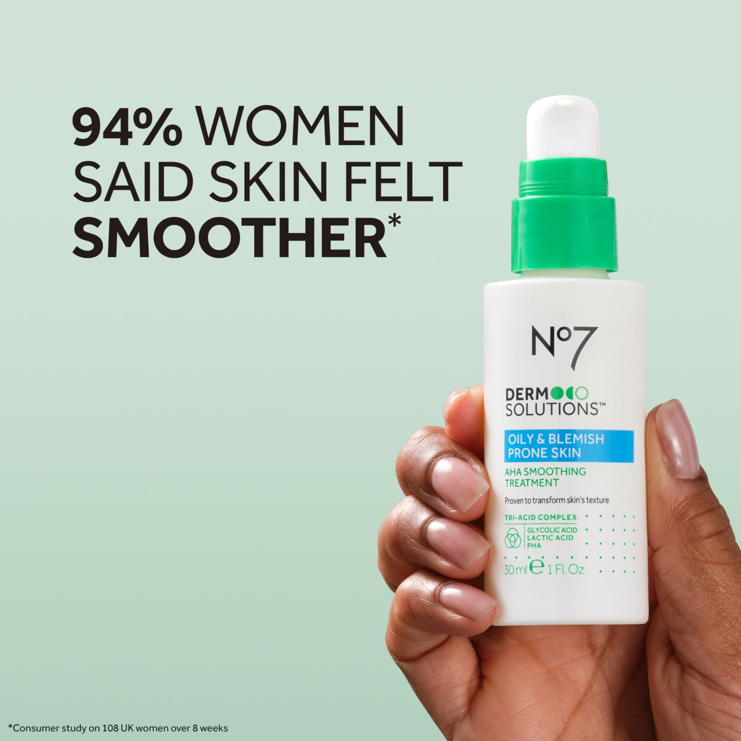 No7 Derm Solutions AHA Exfoliant & Face Toner with Lactic & Glycolic Acid - AHA Smoothing Treatment - Controls Oil and Minimizes Pores - for Oily & Blemish-Prone Skin (1 Fl Oz)