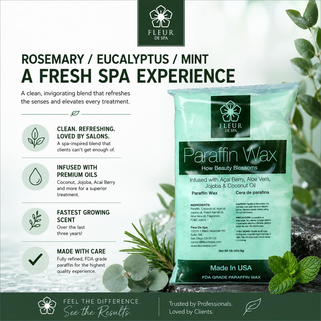 Paraffin Wax refill by Fleur De Spa - Infused with Acai, Coconut oil, Jojoba and Aloe USA Made (Rosemary, Mint & Eucalyptus, 6 pound box)