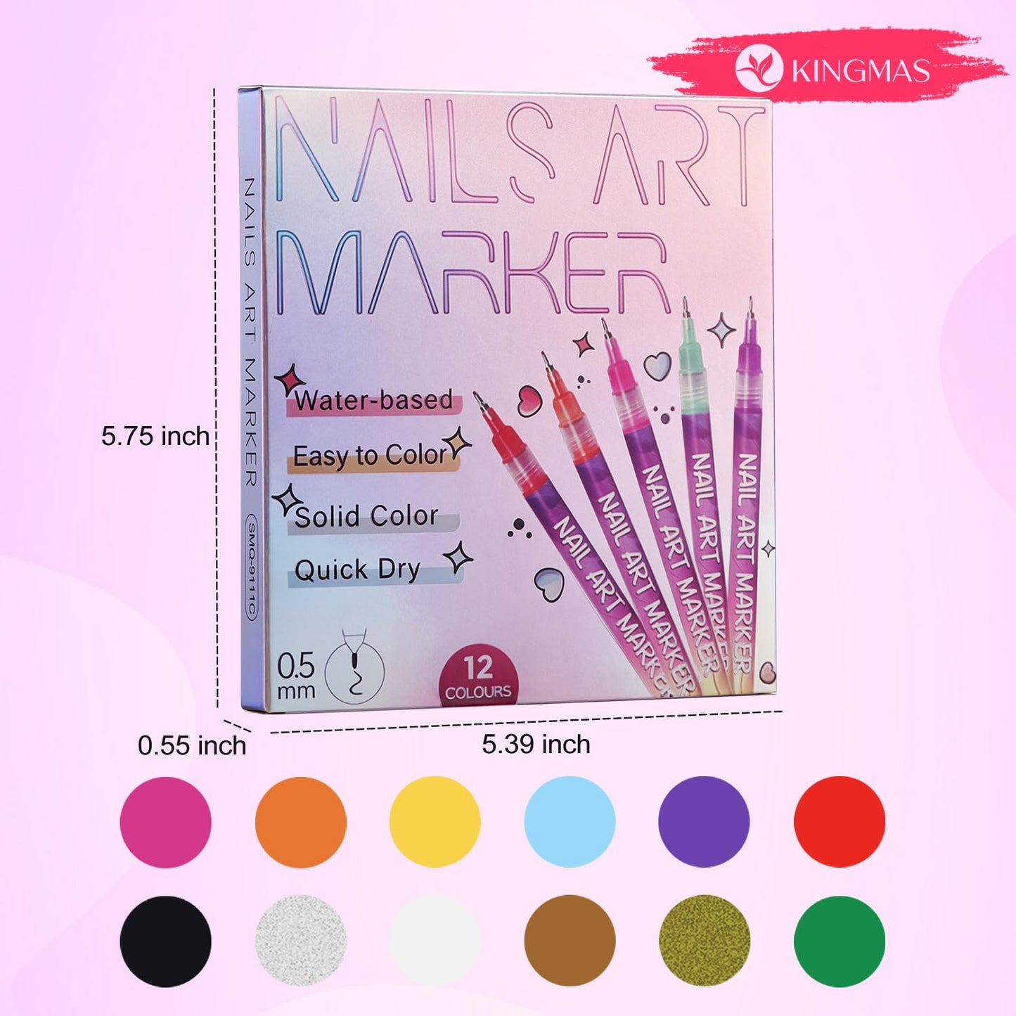 KINGMAS 12 Color Nail Art Pens, 0.5mm Nail Polish Marker Set, Drawing Painting Point Liner Acrylic Painted Pen Kit, Waterproof and Quick-drying for DIY Nails Art Design Manicure Tools