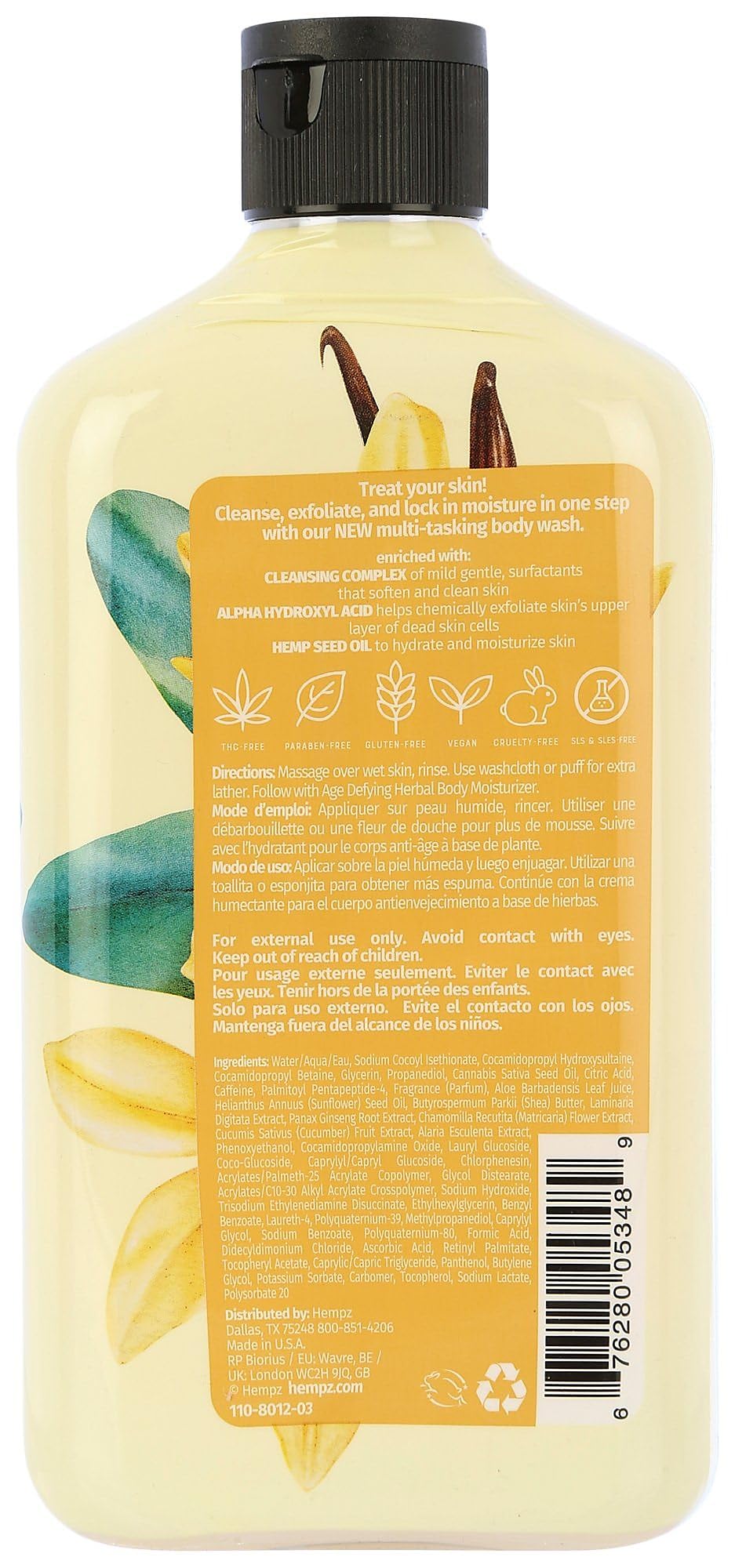 Hempz Body Wash Age Defying - Vanilla & Musk - Hydrating for Sensitive Skin, Scented, Exfoliating with Shea Butter, Pure Hemp Seed Oil, and Algae for Sensitive Skin - 17 fl oz