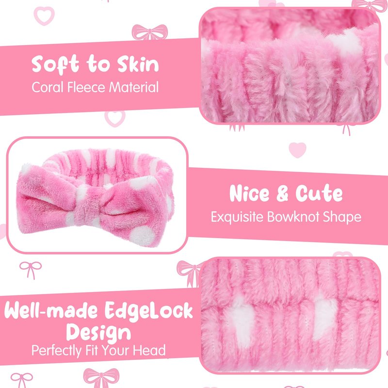 Prasacco 50 Pcs Pink Spa Headband for Women, Soft Coral Fleece Headband for Washing Face Cute Skincare Headbands with Bow Elastic Polyester Makeup Headbands for Women Girls