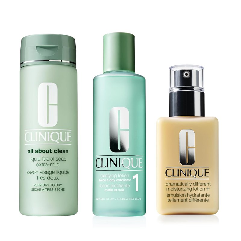 Clinique 3-Step All About Clean Face Care Set - Liquid Soap, Exfoliator & Lotion for Very Dry Skin