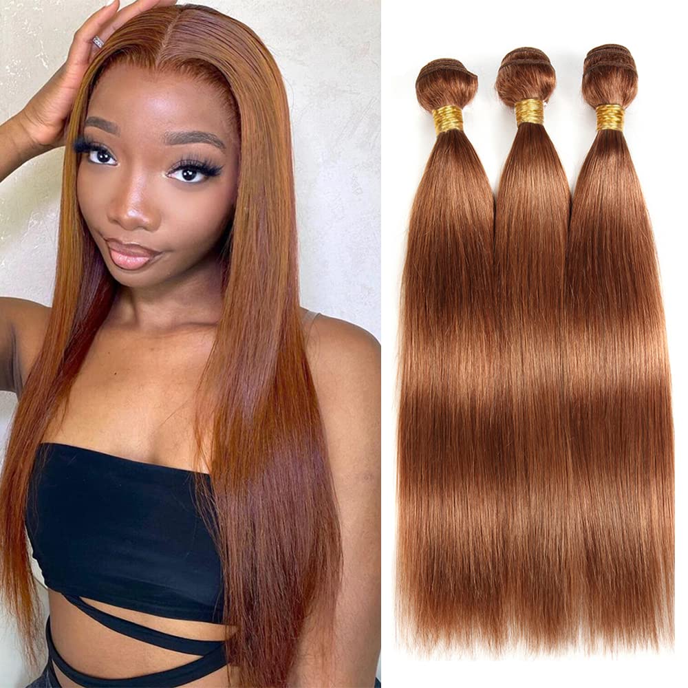 12 14 16 Inch Color 30 Human Hair Brown Straight Bundles - Unprocessed Virgin Brazilian Weave No Tangle Hair Extensions For Women