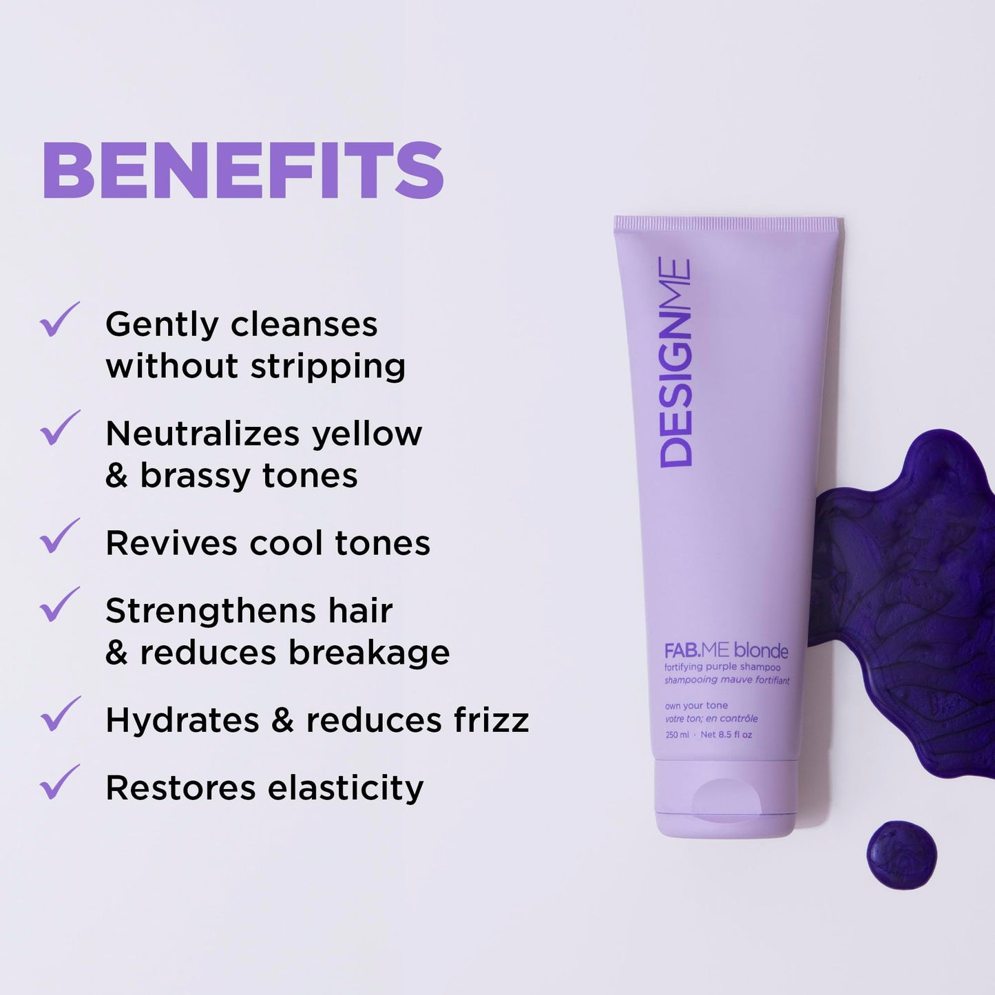 Design.Me FAB.ME Blonde Fortifying Purple Shampoo | Toning Purple Shampoo for Blonde Hair - Neutralizes Brass and Yellow Tones | Enriched with Hyaluronic Acid | Color Depositing Formula