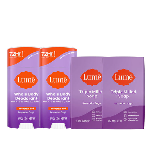 Lume Whole Body Deodorant And Soap - 2.6 Ounce Smooth Solid Stick With 72 Hour Odor Control (Pack of 2) and 5 Ounce Triple Milled Soap (Pack of 2) - Aluminum and Baking Soda Free (Lavender Sage)