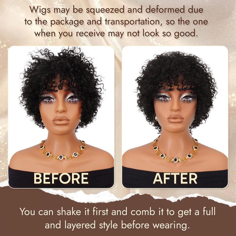 RUWISS Short Curly Human Hair Wig 10 Inch Brazilian Kinky Curly Wigs with Bangs for Black Women - Wear and Go Glueless Short Wig, ZF-003 Black Brown