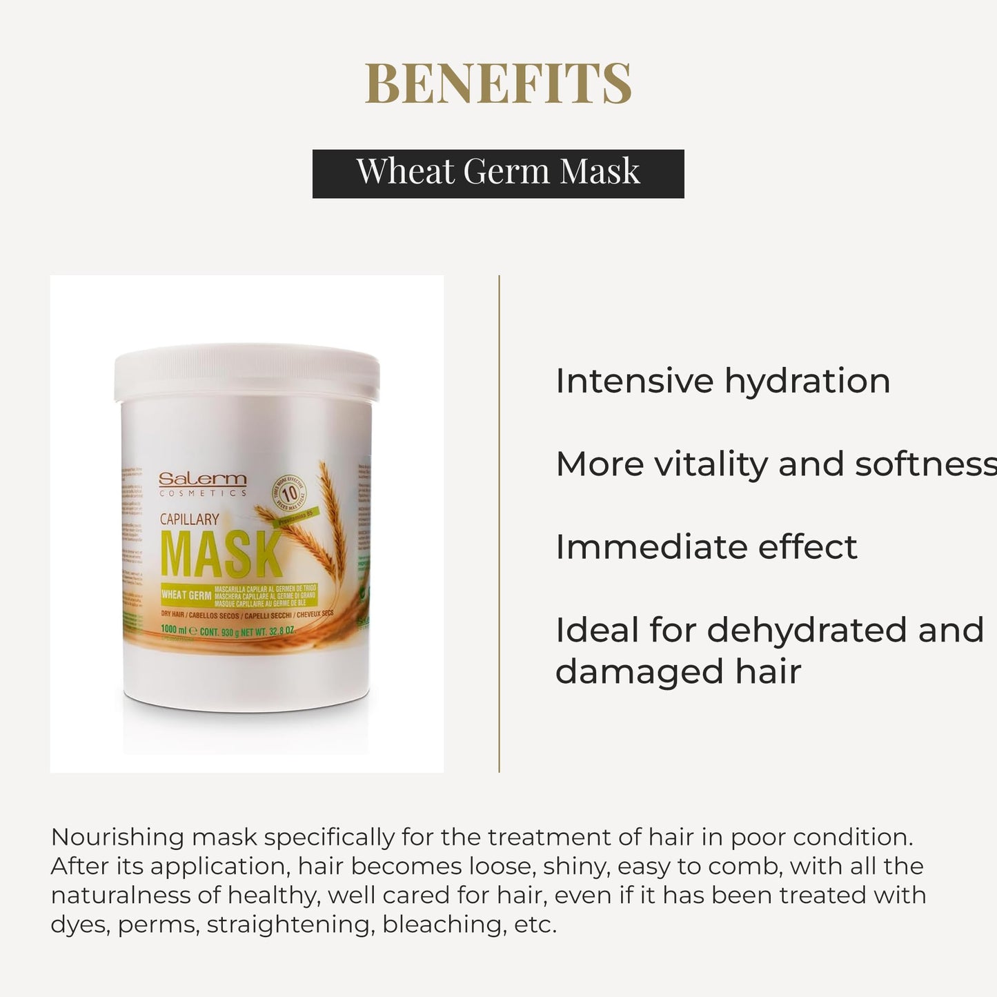 SALERM - Nourishing Hair Mask - 1000 ml - with Wheat Germ - for Dry and Damaged Hair - Deep Hair Hydration - Shine and Brightness - Hair Strengthening