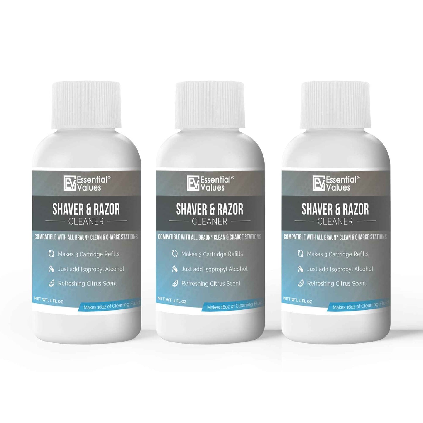 Essential Values Electric Shaver Cleaning Solution - Compatible with Braun Clean & Renew Refill Cartridges - 3 Bottles Makes 9 Refills - Manufactured in USA