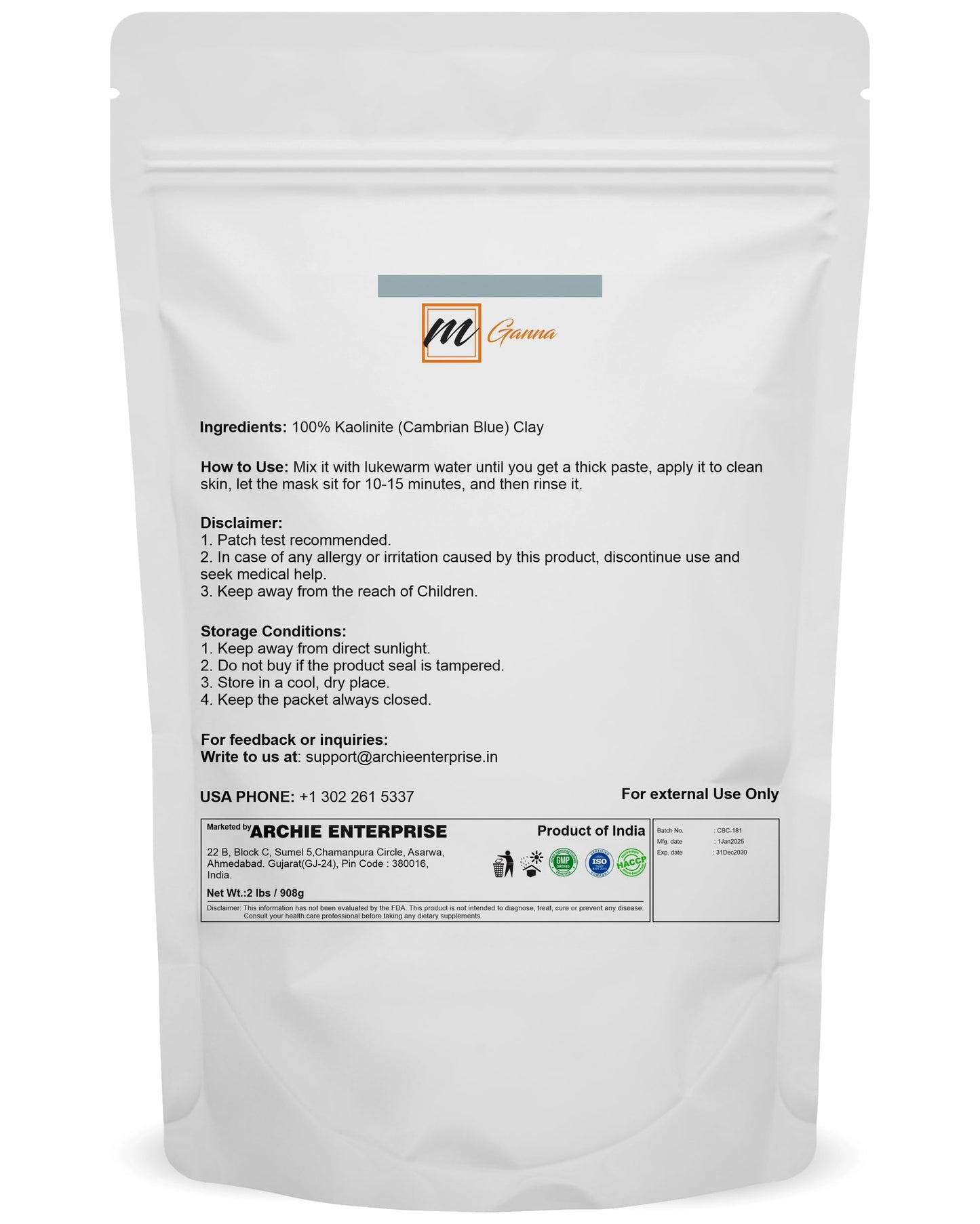 mGanna Cambrian/Serbian Blue Clay 2lbs / 908g for Facial Masks, Creams, Body Wraps, Soft Peels, Scrubs and Soap Making