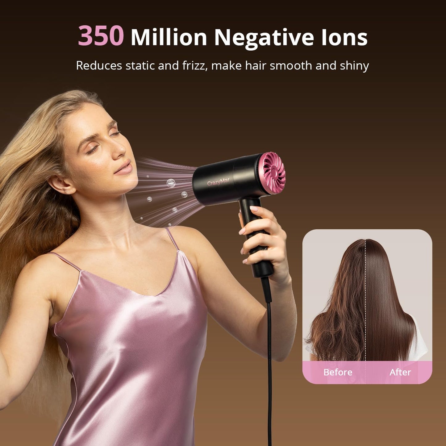 CrazyMar Hair Dryer, 1800W High Speed Blow Dryer for Fast Drying,500 Million Negative Ionic Hair Dryer, No Heat Damage, Lightweight, Blow Dryer with Diffuser for All Hair, Travel, Home (Purple)