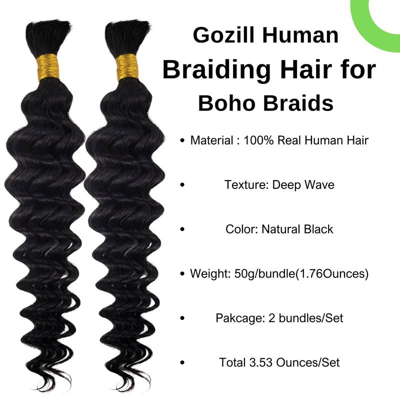Deep Wave Human Braiding Hair for Boho Braids 1b Black Curly Human Hair Bundles for Braiding 2 Bundles/Pack 20Inch