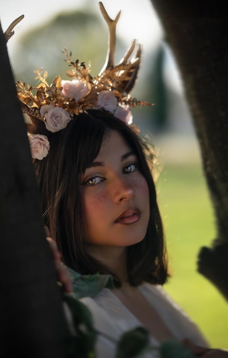 Handmade Gold Flower Antler Headband - Woodland Floral Reindeer Hairpiece for Women | Pink Rose Cosplay Accessory