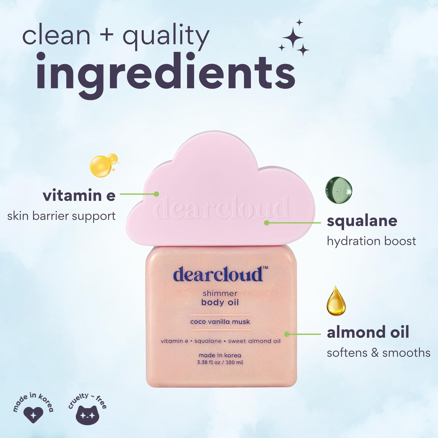dearcloud Shimmer Body Oil - Coco Vanilla Musk - Hydrating & Nourishing Body Oil (3.38 fl oz)