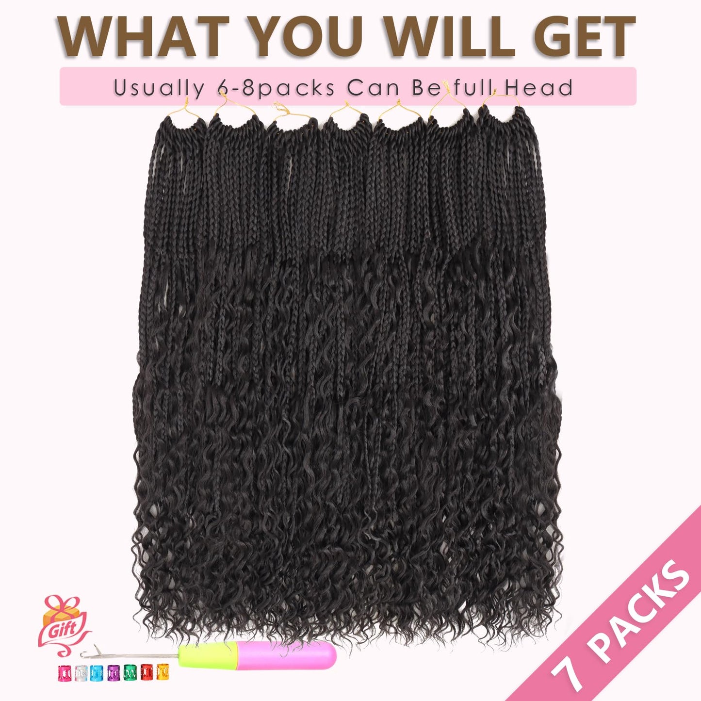 Eeanno Goddess Box Braids Crochet Hair for Black Women 24 Inch 7 Packs Natural Black Boho Hair Pre Looped Crochet Box Braids with Curly Ends, 1B