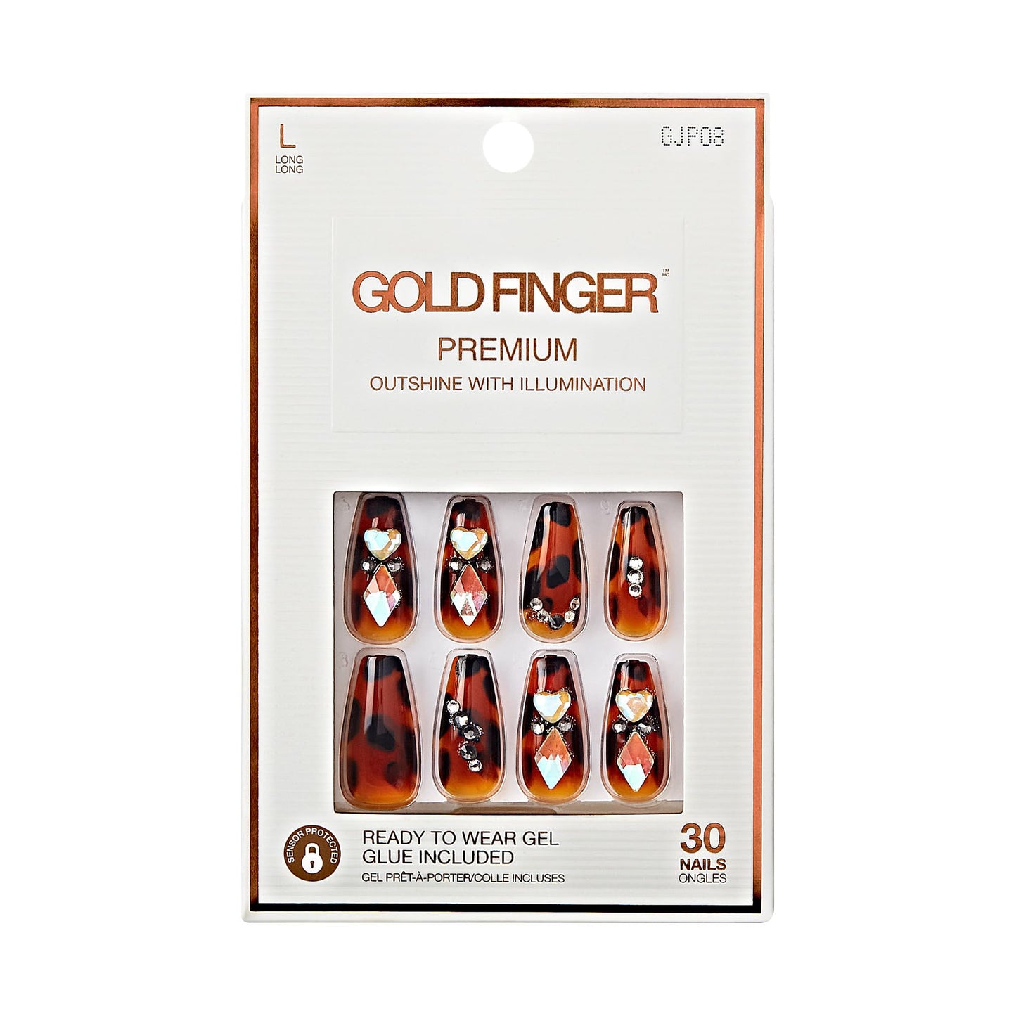 GoldFinger Premium Luxury False Nails Kit, Ready to Wear Leopard Nails, Manicure Stick and Glue Included, Long Coffin Shape with 3D Rhinestones, Long-Lasting Hottest Trend Glue on Nails