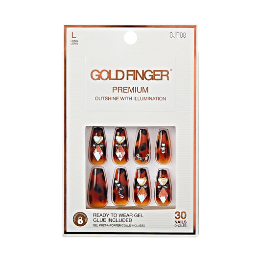 GoldFinger Premium Luxury False Nails Kit, Ready to Wear Leopard Nails, Manicure Stick and Glue Included, Long Coffin Shape with 3D Rhinestones, Long-Lasting Hottest Trend Glue on Nails