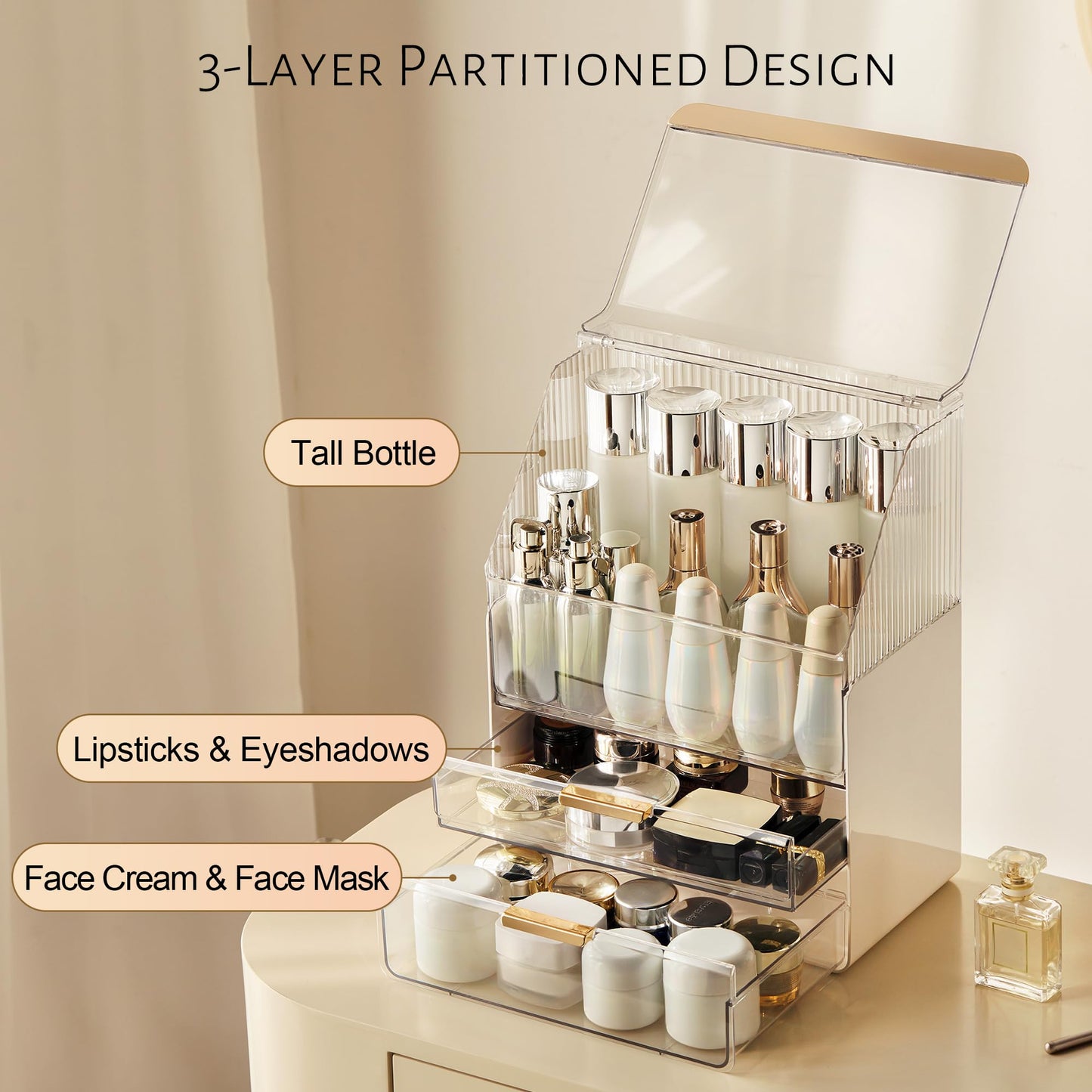 JOYMOOP Makeup Organizer with Transparent Cover, Skincare, Lipstick and Perfume Storage, Cosmetic Organizer, Makeup Box for Bathroom Countertop or Vanity Desk, White & Gold