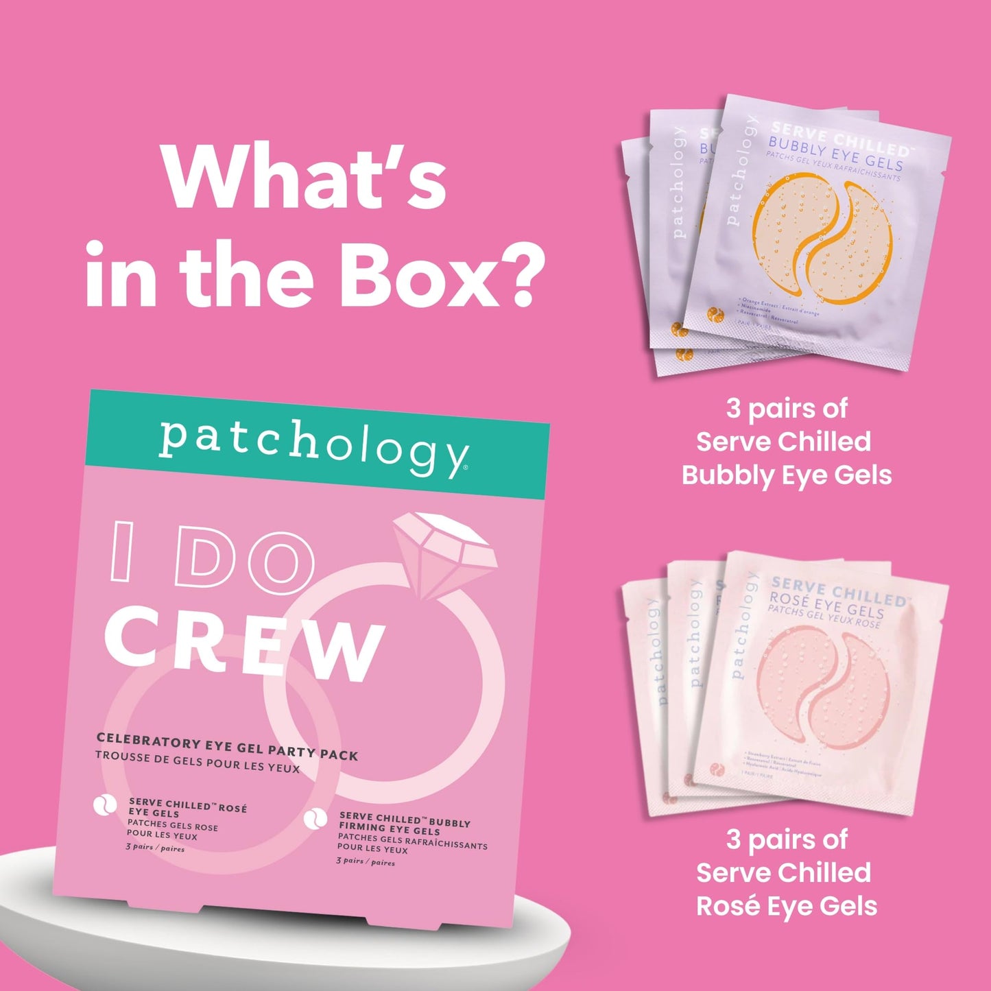 Patchology Hydrating Under Eye Gel Patches – I Do Crew Bridesmaid Gift Set with Rosé & Bubbly Serve Chilled Eye Masks (6 Count) – Cooling, Depuffing Skincare for Bridal Prep, Gifting & Self-Care