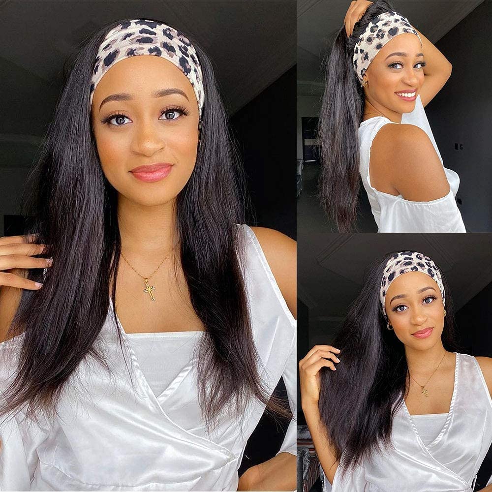 TNICE Headband Wig Human Hair Straight 14 Inch Headband Wigs for Black Women Human Hair Headband Wig Glueless None Lace Front Brazilian Virgin Hair Wigs Natural Color 150% Density