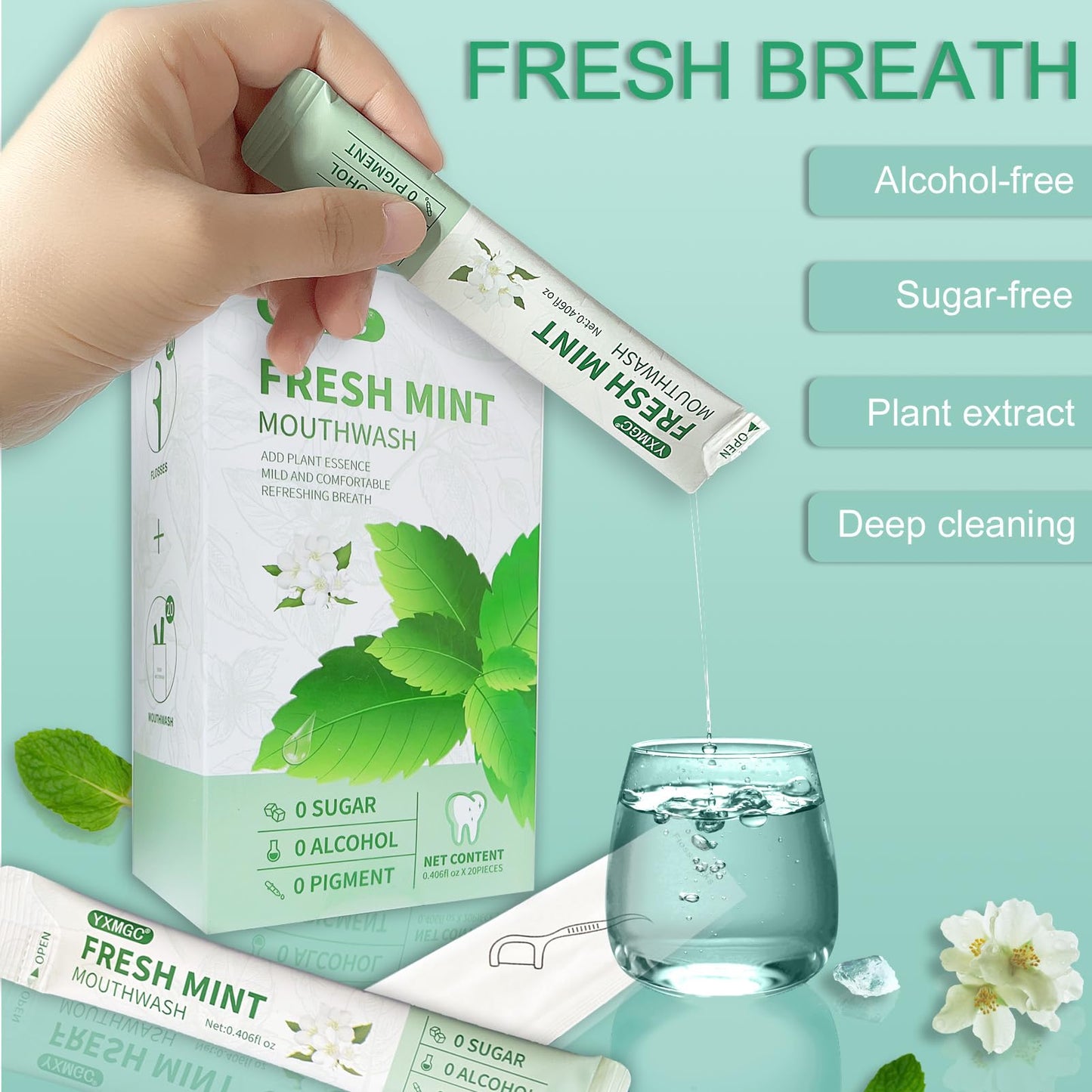 YXMGC Travel Size Mouthwash Packets – Portable, Fresh Breath Anytime, Eliminates Bad Breath, Sugar-Free, Alcohol-Free, 20 Pack × 0.4 Fl Oz