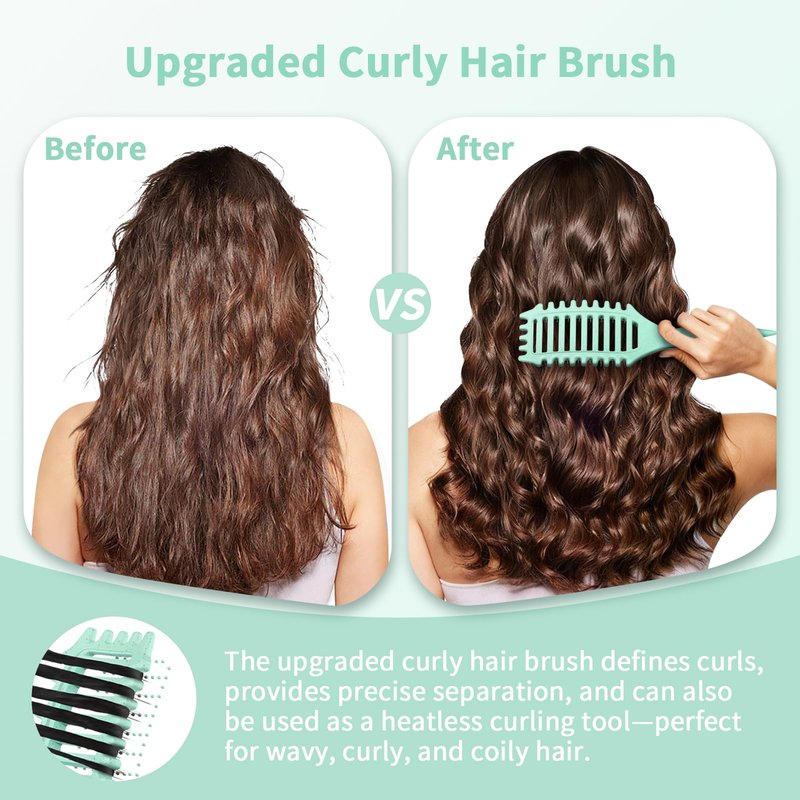 Curly Hair Brush for Women & Men, 4-in-1 Curl Defining & Detangling Brush – Anti-Frizz Anti-Static Styling Brushes with Crescent Shape & Ultra-Smooth Bristles, Wet Dry Hairbrush (Green)