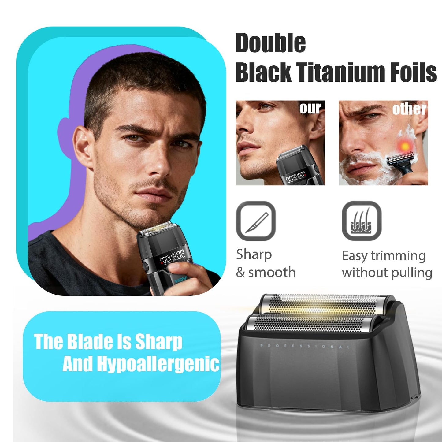 VGR 308 Electric Shavers for Men, Professional Double Foil Shaver 9000RPM Cordless Head Shaver with Titanium Foils, LED Display, USB Rechargeable Men's Electric Razor for Face & Beard, Green