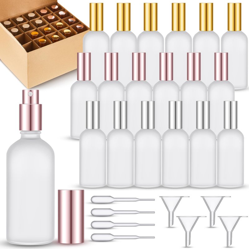 Teenyyou 18 Pack 3.4 oz Glass Spray Bottles bulk, Empty Perfume Frosted Fine Mist Atomizer, Refillable Small Travel Containers for Cleaning Products, Essential Oils- Gold, Rose Golden, Silver